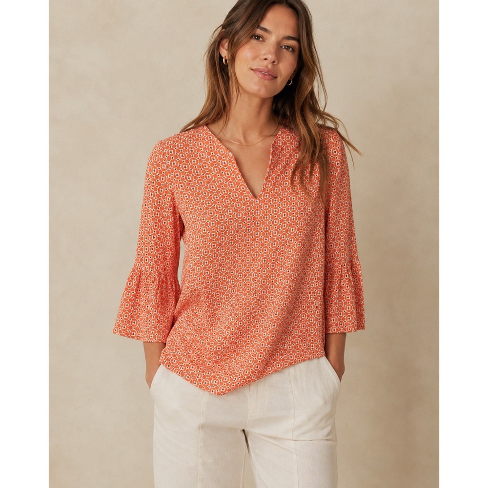 Jude Connally Orange White‎ Eyelet Cotton Ruffle Bell Sleeve Top Blouse Size M